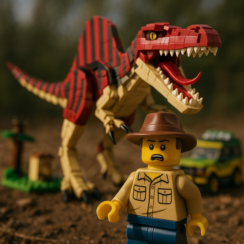 Figurine en blocs de construction d’un aventurier effrayé devant un grand Spinosaurus en blocs de construction dans un décor de jungle

